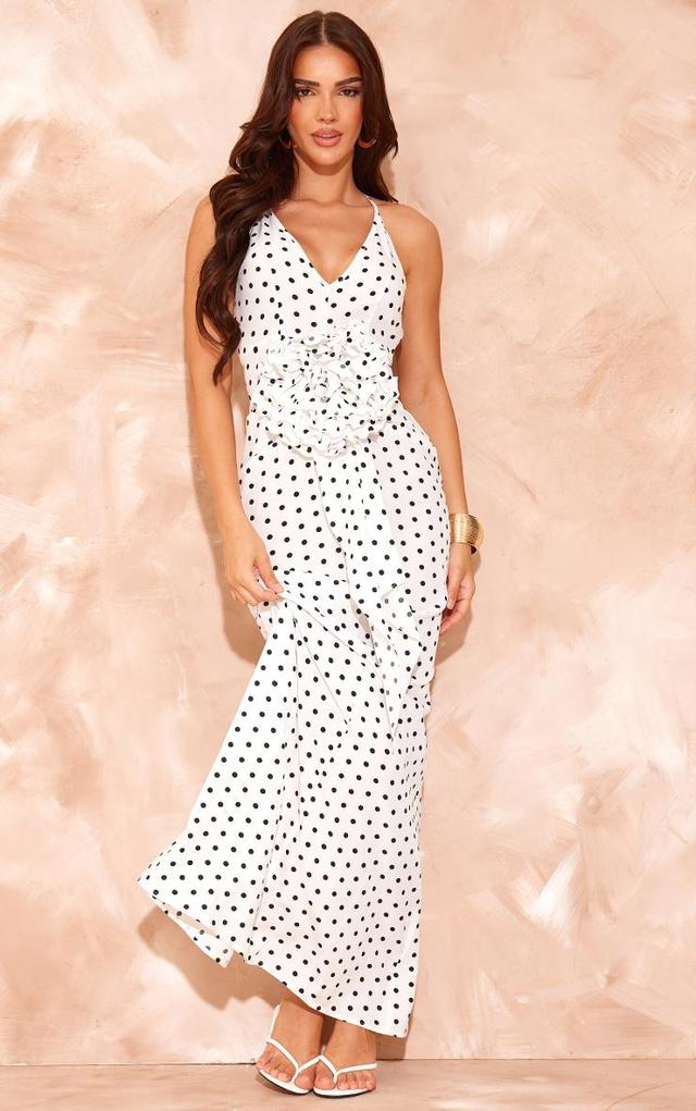 White Polka Dot Satin Rose Detail Maxi Dress Product Image