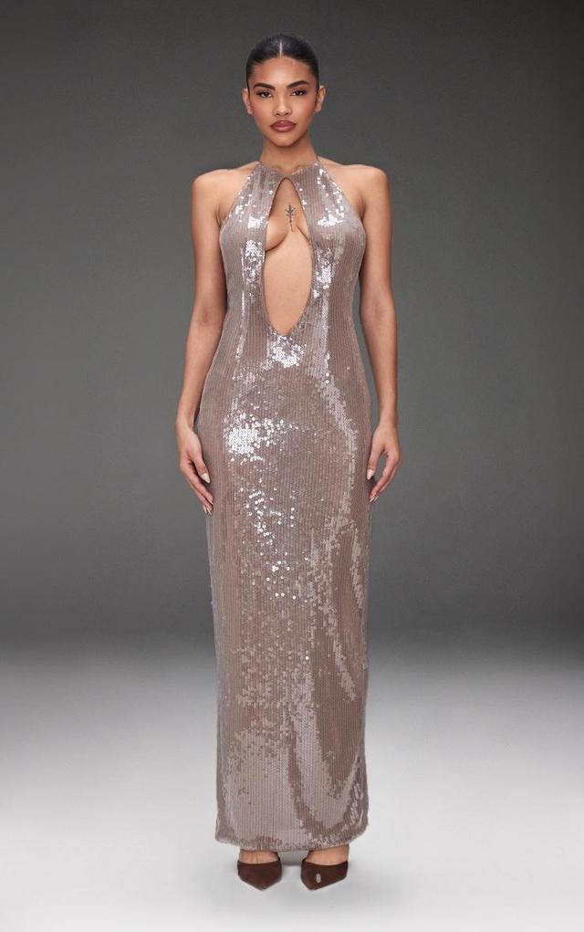 Light Nude Sequin High Neck Plunge Maxi Dress Product Image