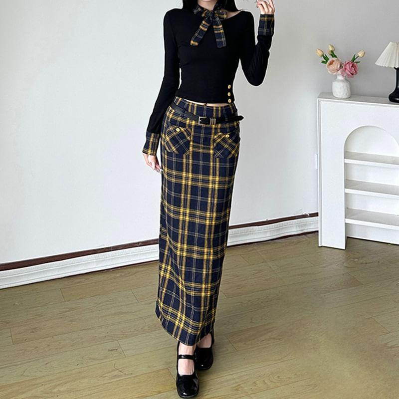 Long-Sleeve Plain Knit Top / High Rise Plaid Pencil Skirt Product Image