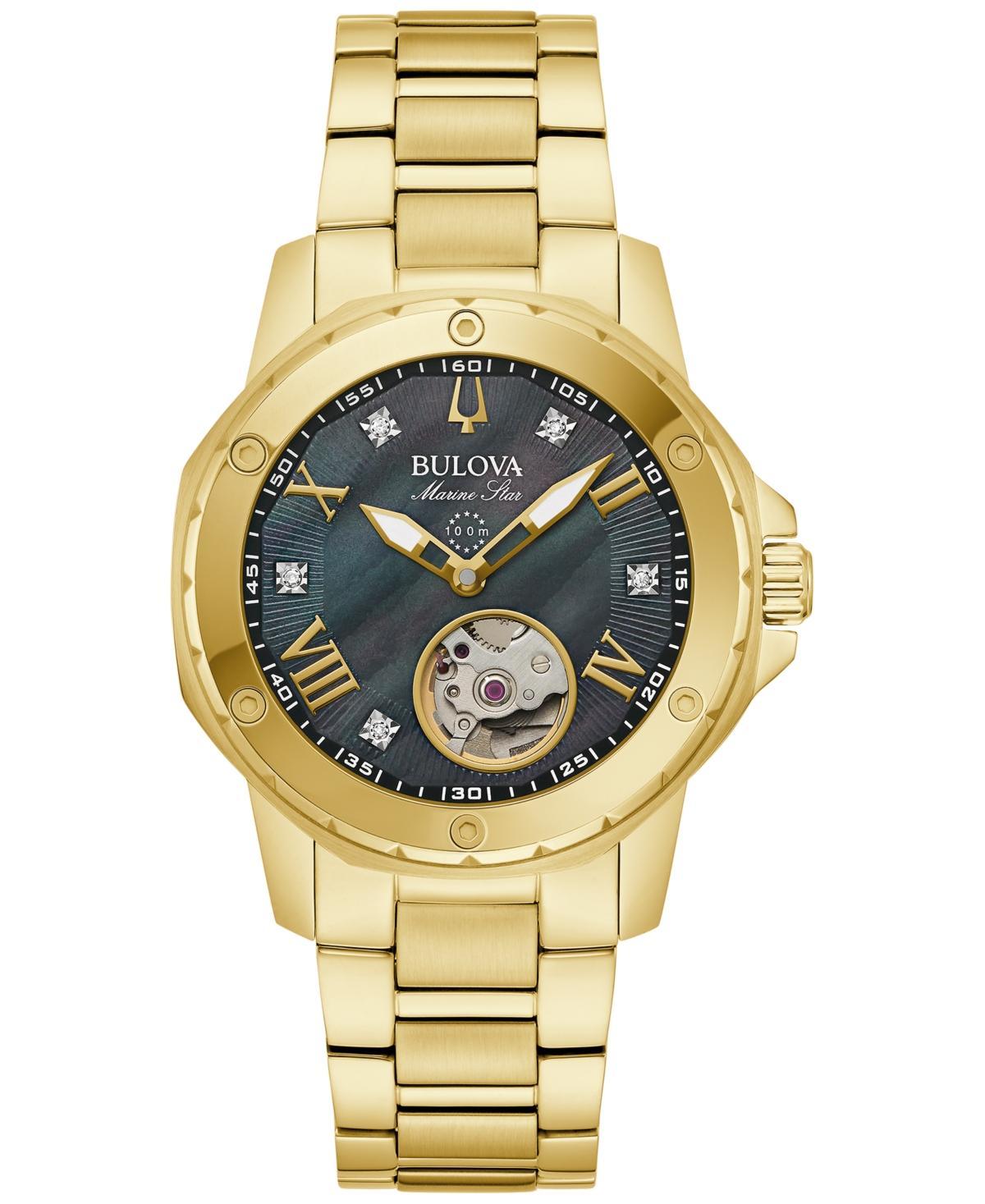 Ladies' Bulova Marine Star Black Mother of Pearl and Diamond Dial Watch in Gold-Tone Stainless Steel (Model 97P171) Product Image