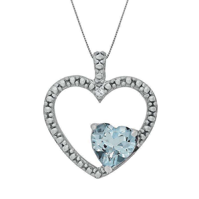 Gemminded Sterling Silver Lab-Created Aquamarine and Diamond Accent Heart Pendant, Womens Blue Product Image