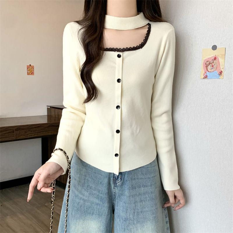 Long-Sleeve Mock Neck Cutout Lace Trim Button Knit Top Product Image