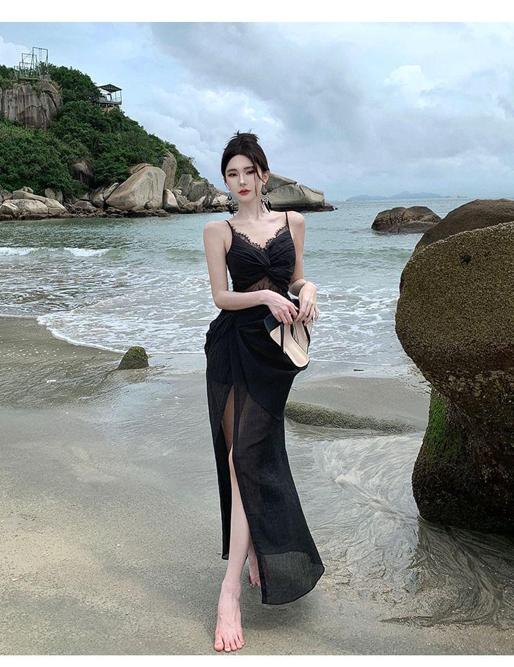 Spaghetti Strap Lace Paneled Slit Knotted Midi Sundress Product Image