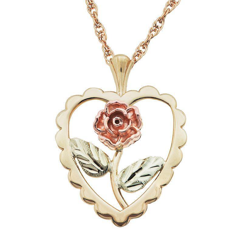 Black Hills Gold Tri-Tone Flower Heart Pendant Necklace, Womens 10k Gold Product Image