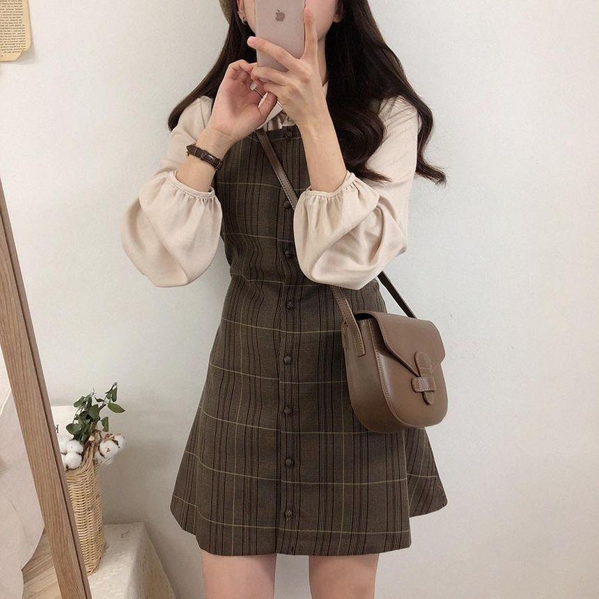 Long-Sleeve Blouse / Plaid Mini Buttoned Overall Dress Product Image