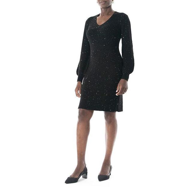 Womens Nina Leonard Sequin Sweater Dress Black Product Image