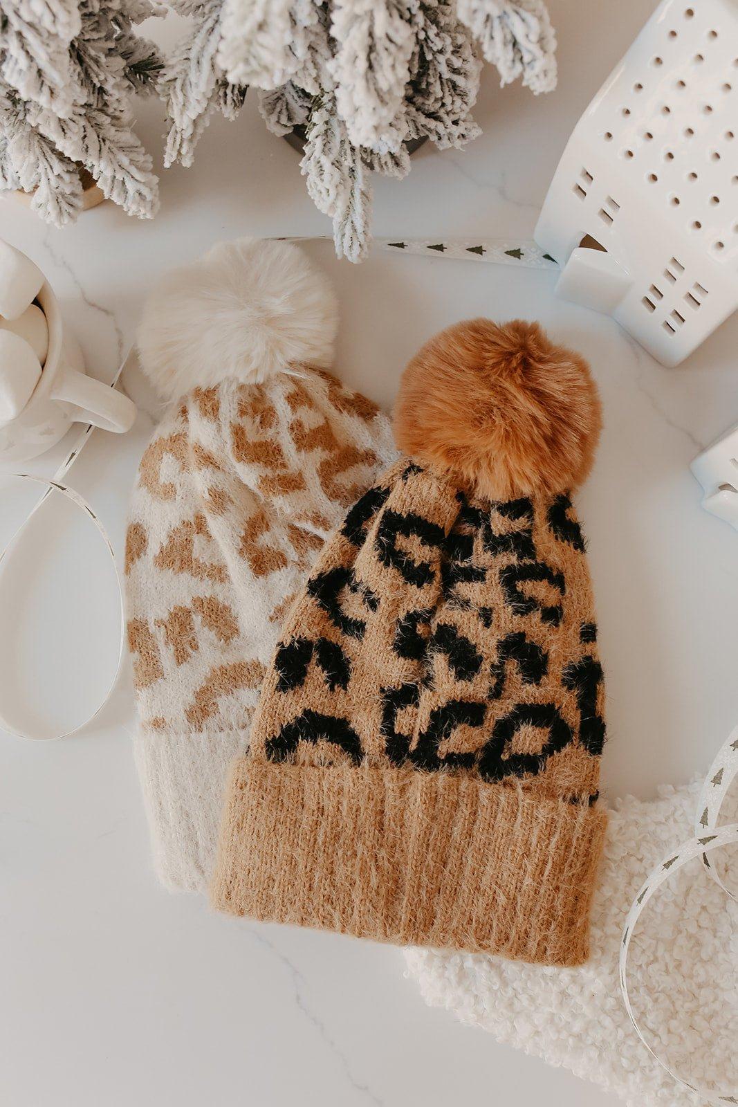 Fuzzy Leopard Print Pom Beanie Product Image