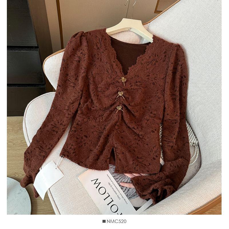 Bell-Sleeve V-Neck Lace Blouse Product Image