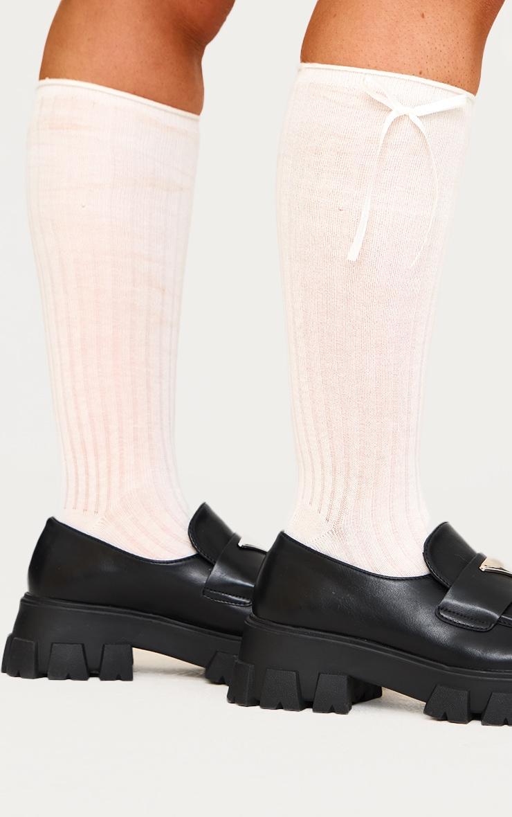 Cream Knee High Bow Detail Ribbed Socks Product Image