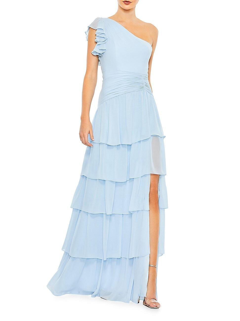 Womens Tiered Chiffon One-Shoulder Gown Product Image