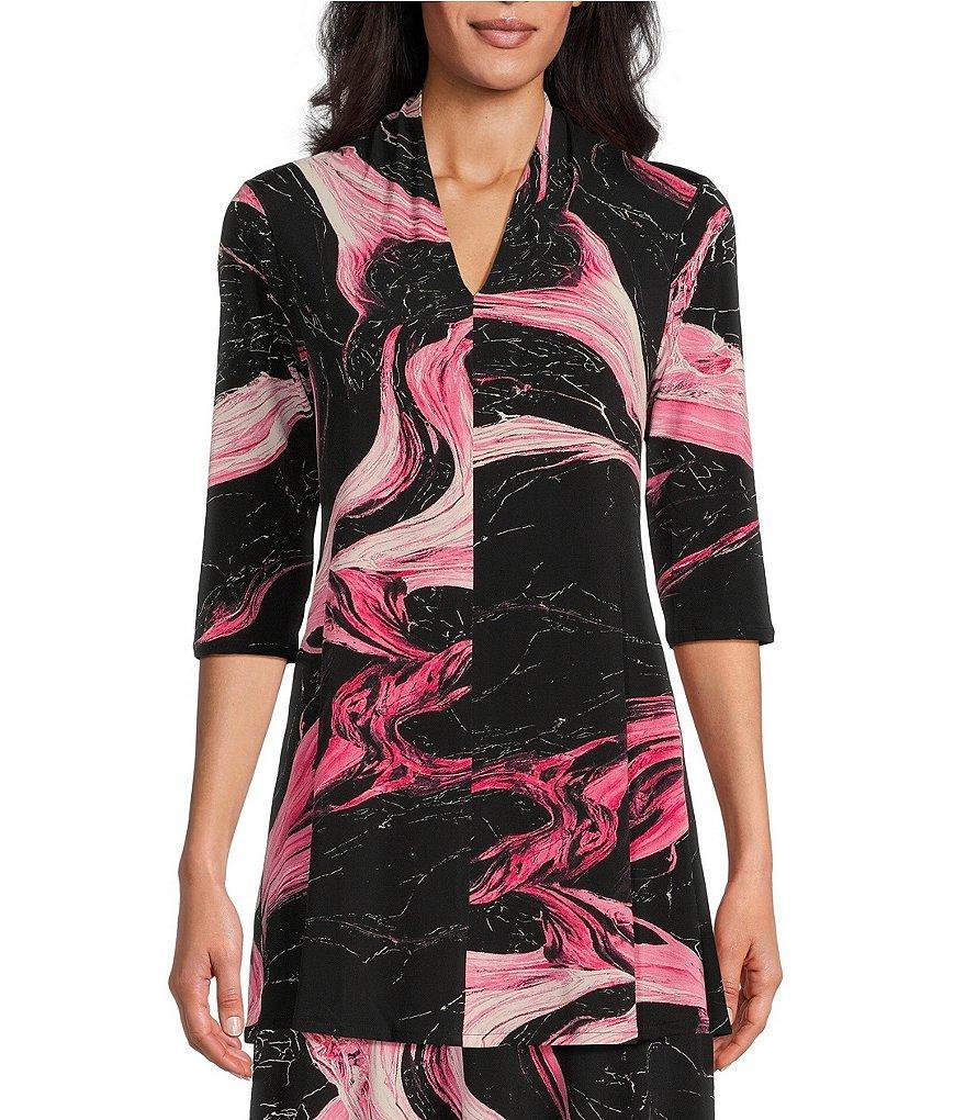 Eva Varro Abstract Marble Print Knit Jersey V-Neck 3/4 Sleeve A-Line Tunic Product Image