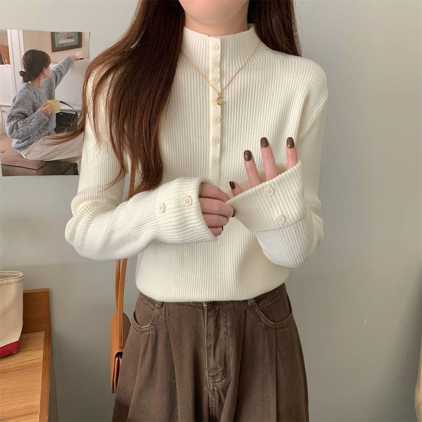 Long-Sleeve Mock Neck Half Buttoned Plain Knit Top Product Image