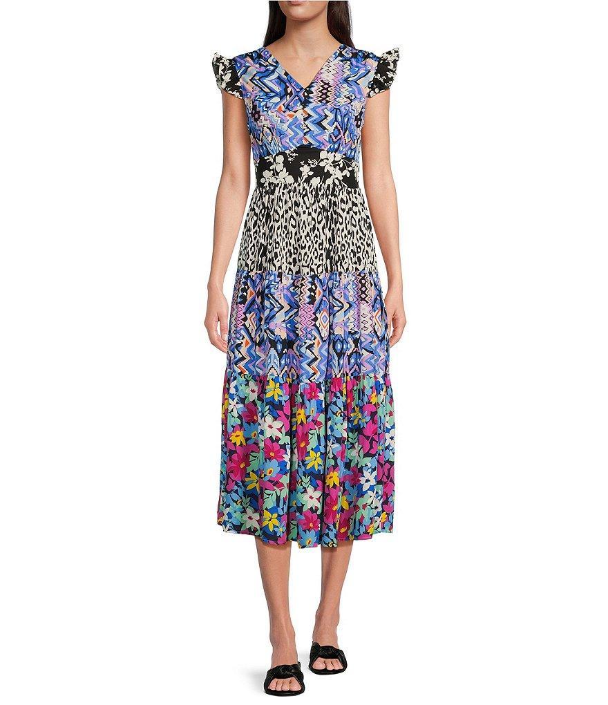 Calessa Floral Patchwork V-Neck Ruffled Cap Sleeve Midi Dress Product Image