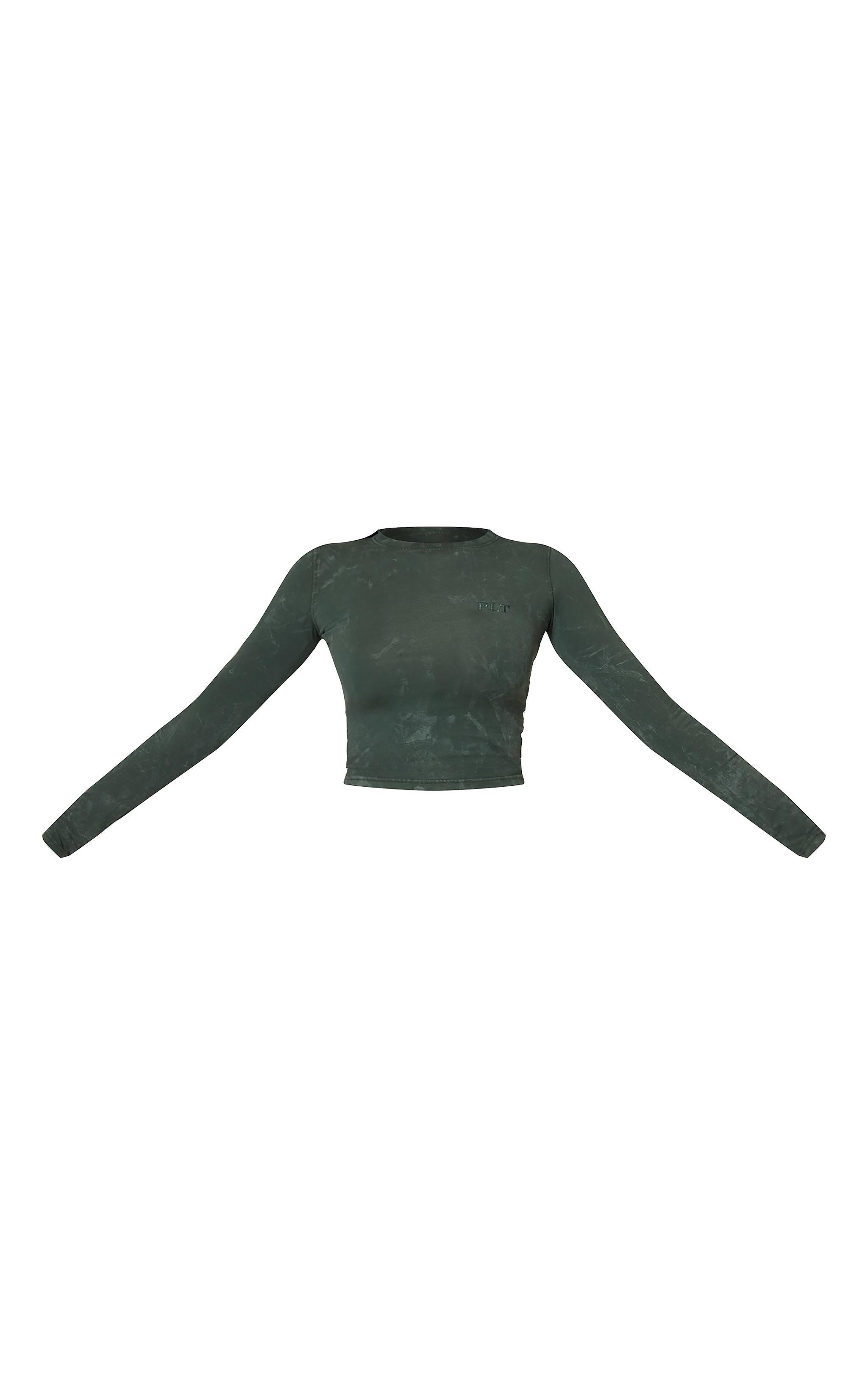 PRETTYLITTLETHING Forest Green Washed Longline Cotton Long Sleeve Fitted T-shirt Product Image