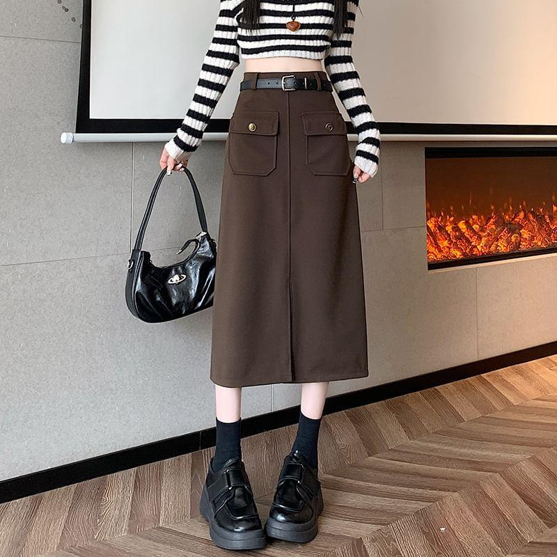 High Waist Plain Flap Pocket Midi A-Line Skirt Product Image