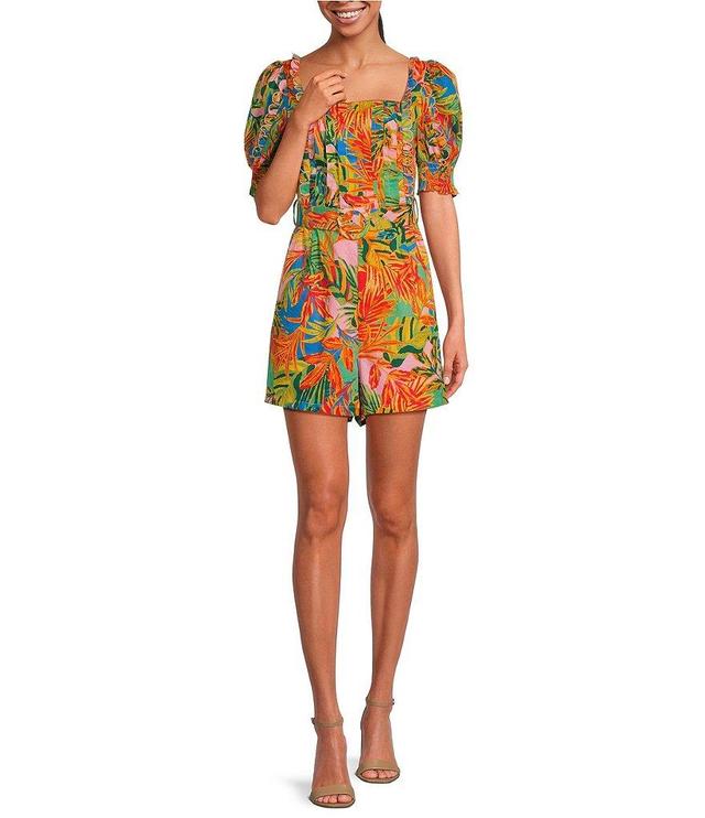 J.Marie Paloma Short Puff Sleeve Belted Romper Product Image