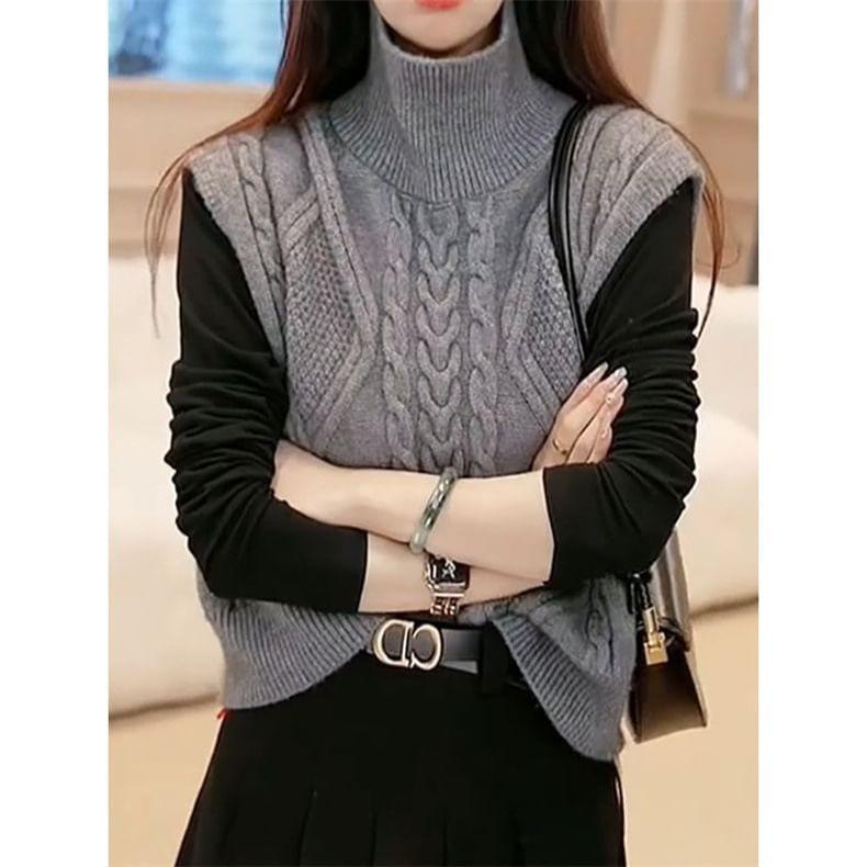 High Neck Plain Cable Knit Sweater Vest Product Image