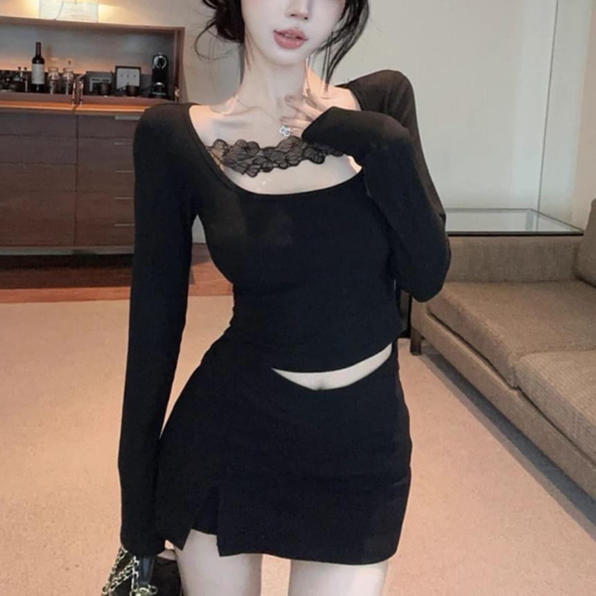 Long Sleeve Lace Panel Plain Slim-Fit Top Product Image