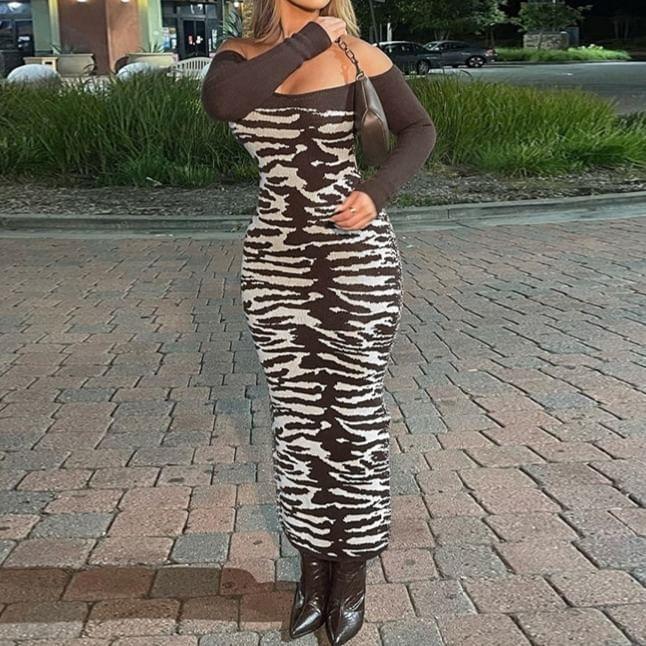 Long Sleeve Off Shoulder Patterned Print Maxi Sheath Dress Product Image