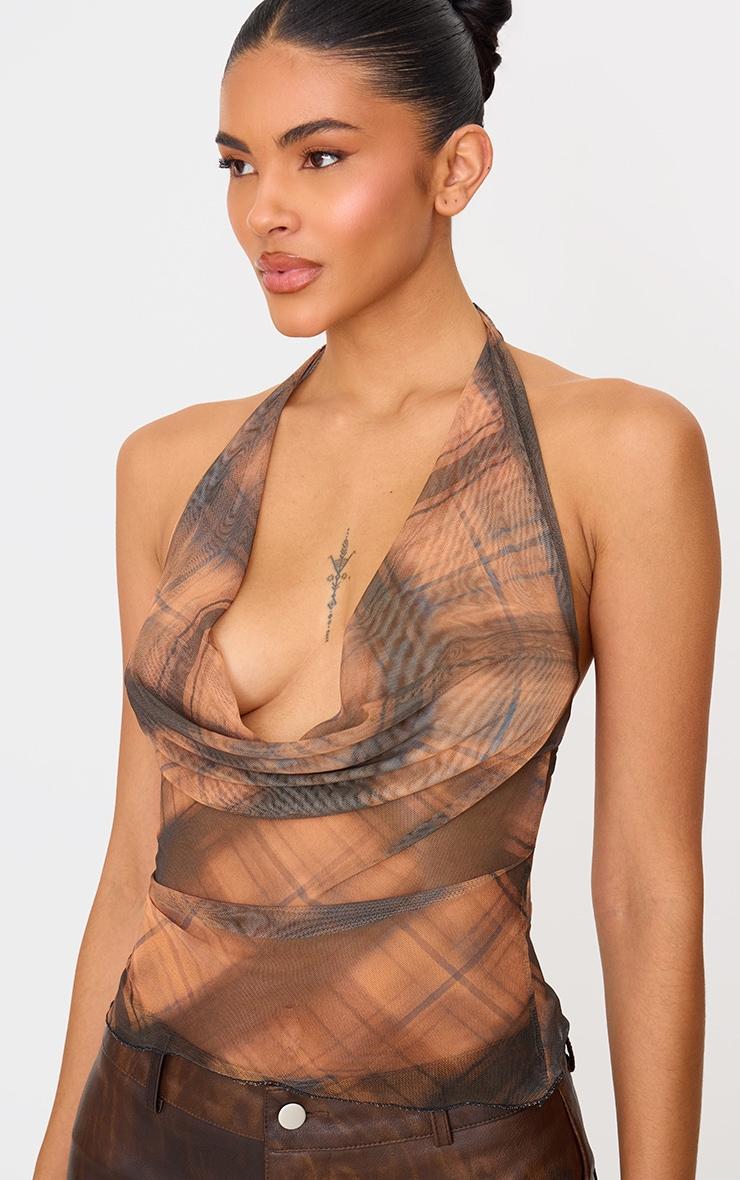 Brown Check Print Mesh Cowl Halterneck Crop Top Product Image