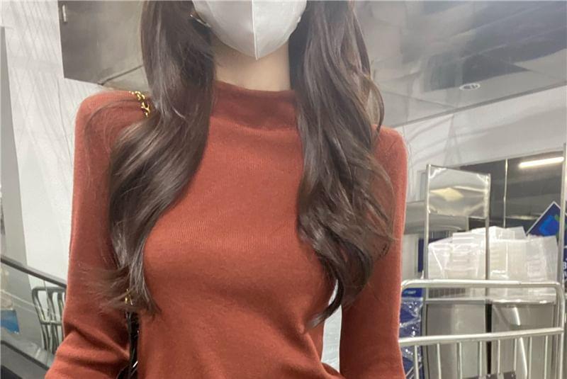 Long Sleeve Mock Neck Plain Knit Top Product Image