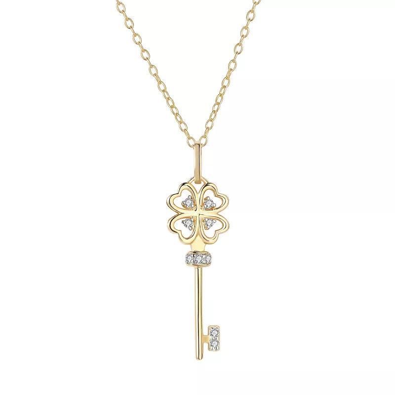 14k Gold Plated Sterling Silver 1/10 Carat T.W. Diamond Clover Leaf Key Pendant Necklace, Womens Two Tone Product Image