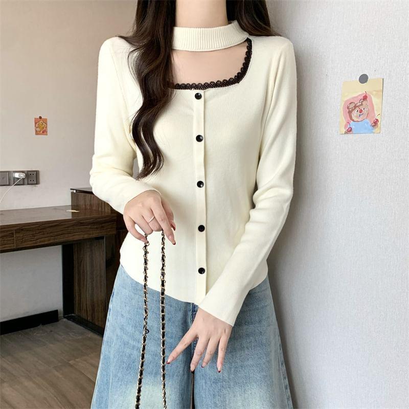 Long-Sleeve Mock Neck Cutout Lace Trim Button Knit Top Product Image