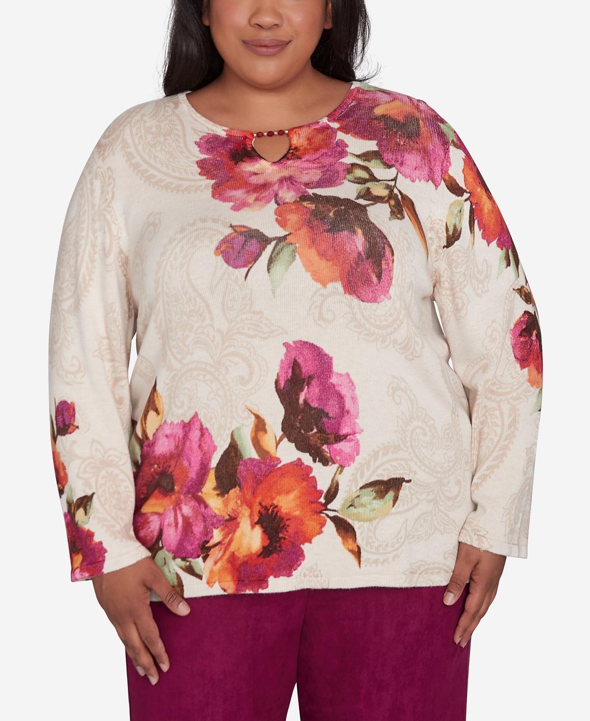 Plus Size Alfred Dunner Watercolor Floral Beaded Split Neck Top, Womens Product Image