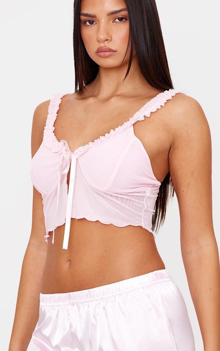 Pink Mesh Tie Front Cami Long Satin PJ Set Product Image