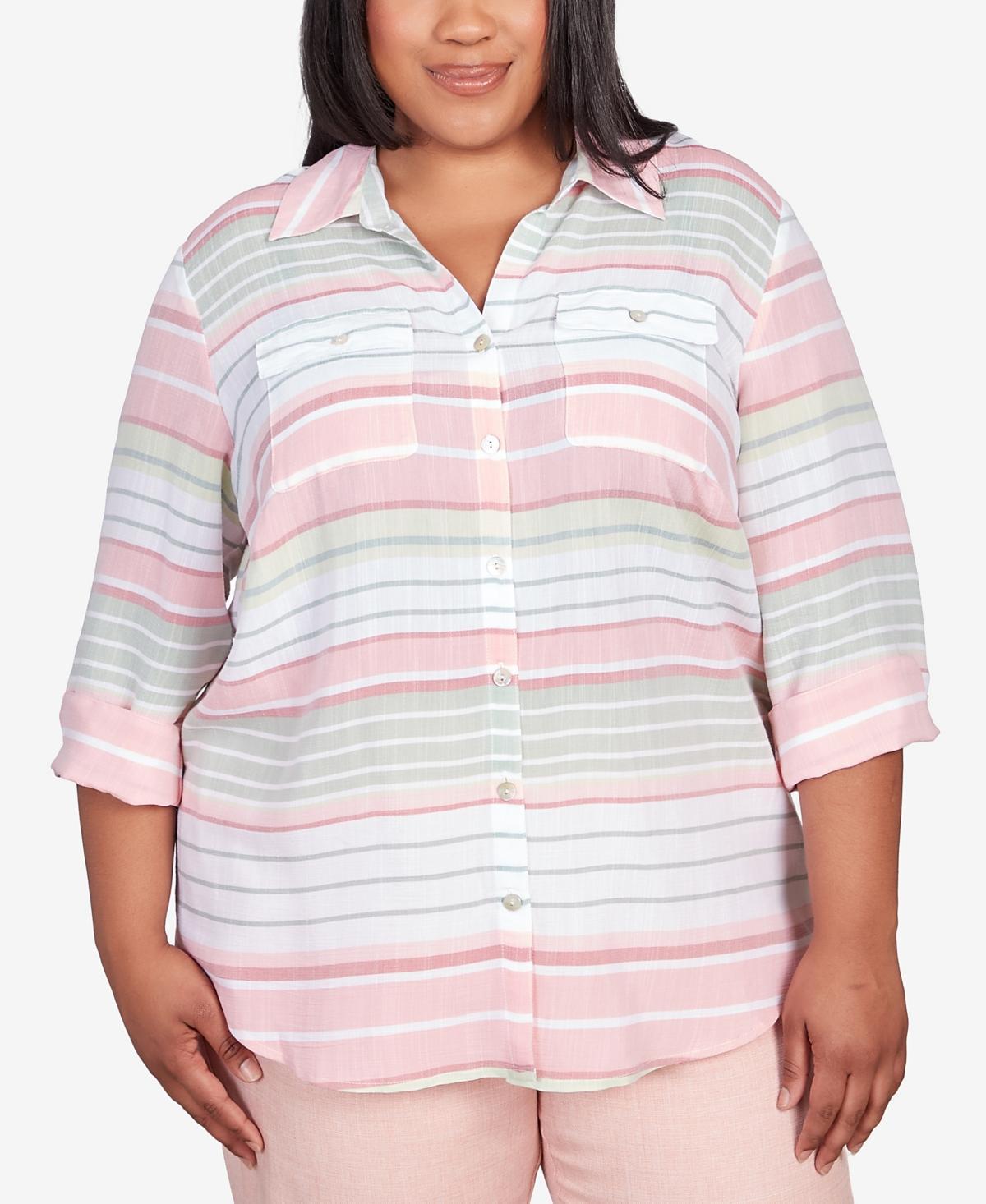 Alfred Dunner Plus Size English Garden Stripe Split Sleeve Button Down Shirt Product Image