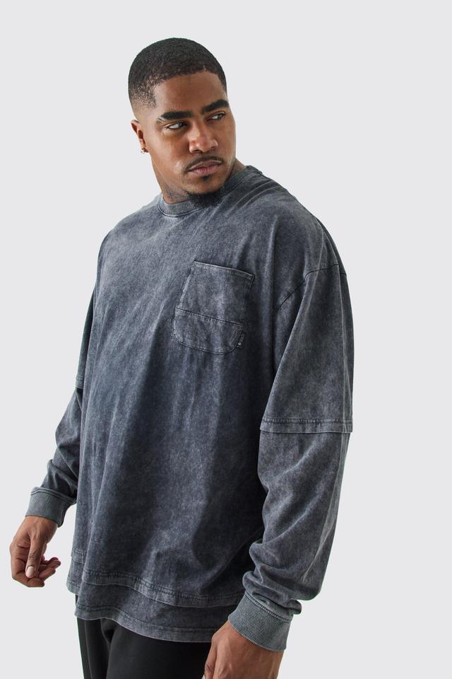 Mens Black Plus Oversized Washed Carded Heavy Faux Layer T-shirt, Black Product Image