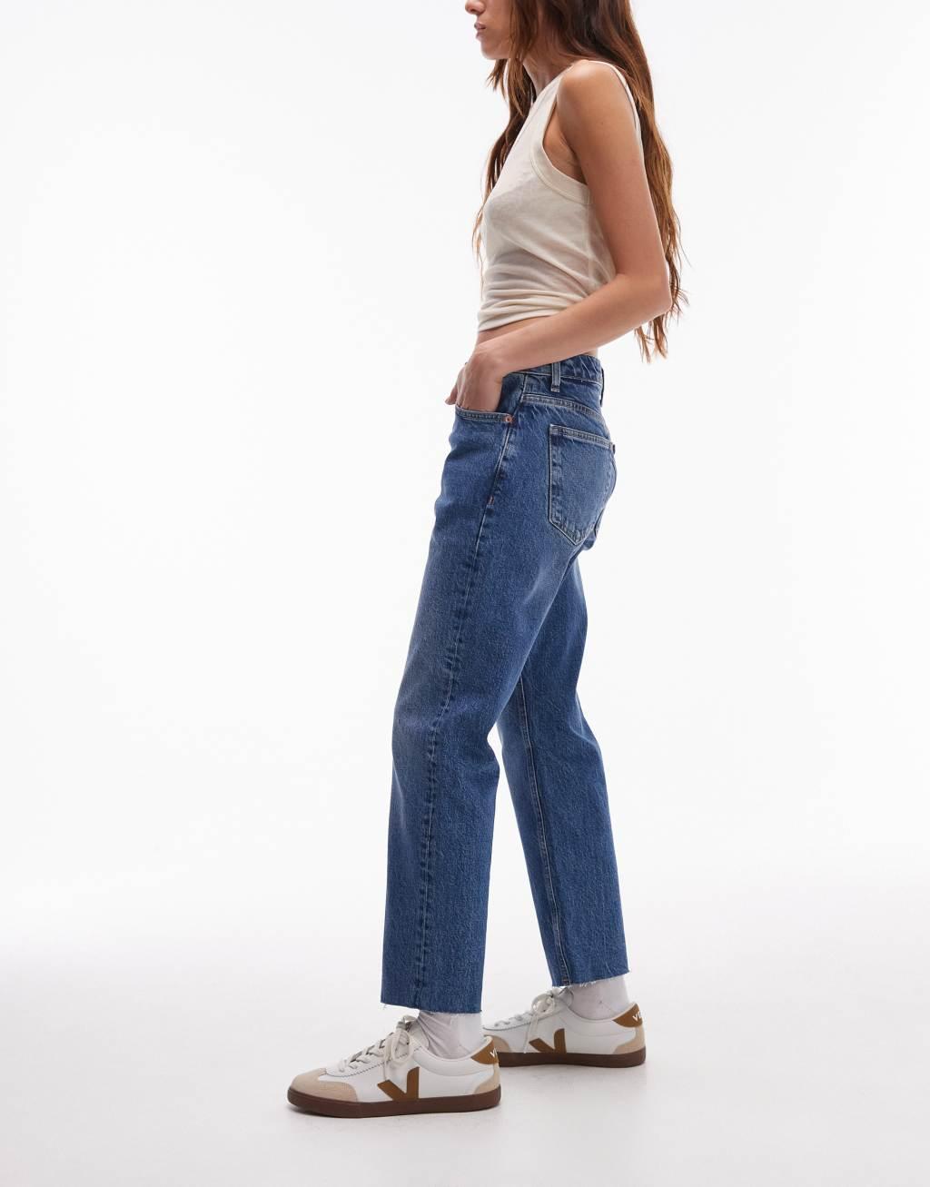 Topshop cropped mid rise straight jeans with raw hems in mid blue  Product Image