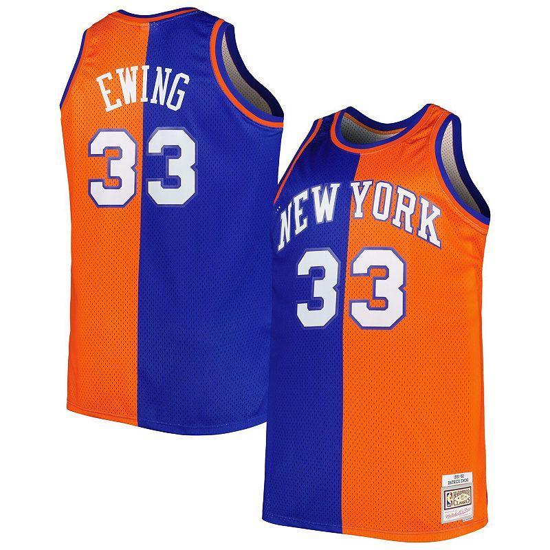 Mens Mitchell & Ness Patrick Ewing Blue/Orange New York Knicks Big & Tall Hardwood Classics 1991/92 Split Swingman Jersey Product Image