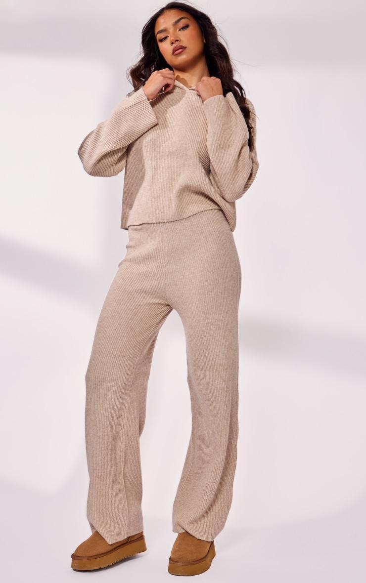 Oatmeal Soft Rib Knit Hooded Sweater With Wide Leg Pants Product Image