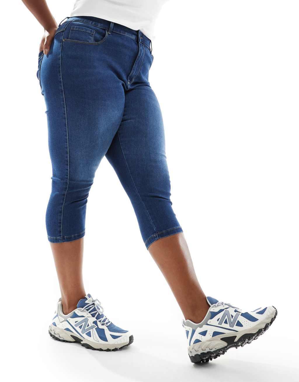 ONLY Curve Augusta high waist skinny pedal pusher jeans in mid blue wash  Product Image