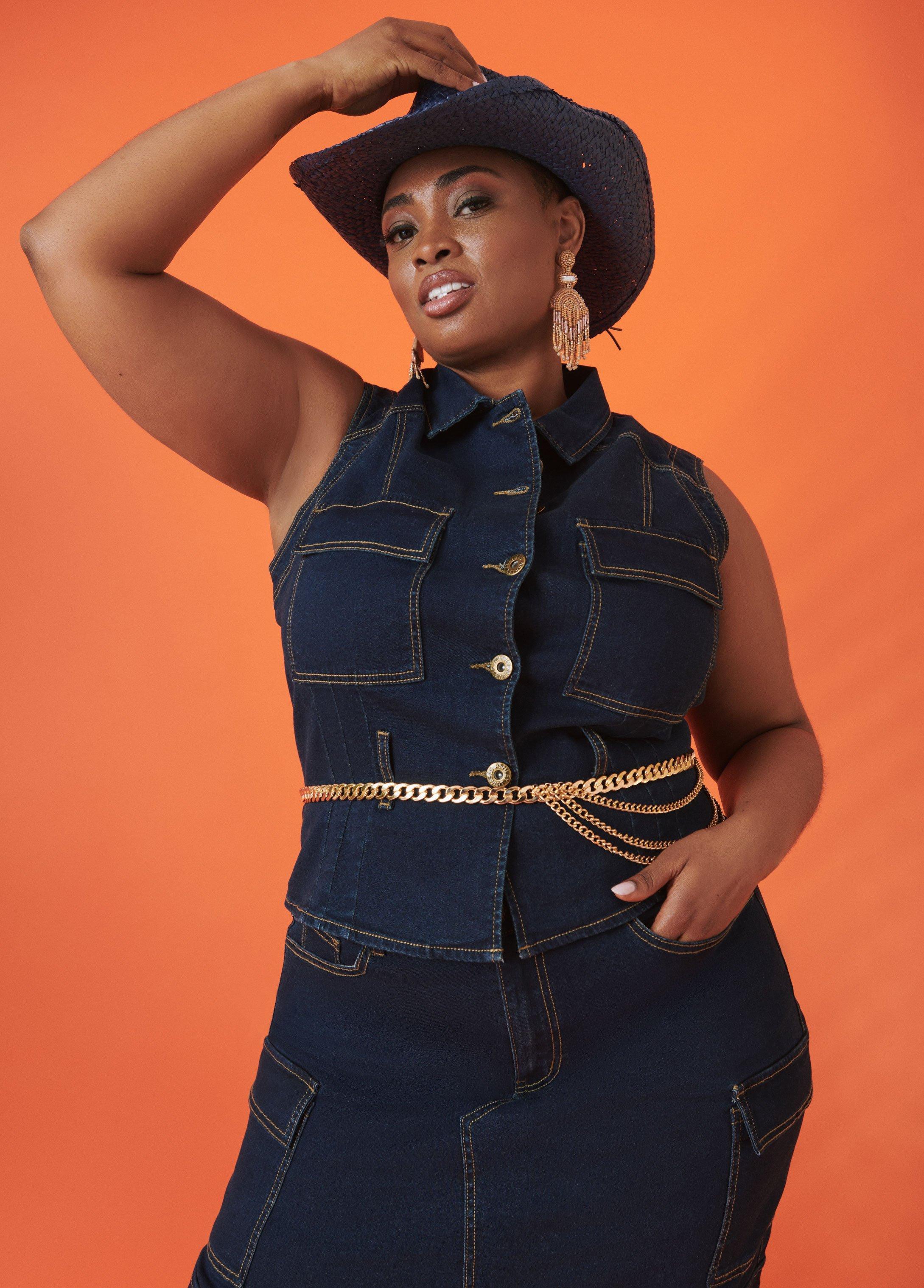 Plus Size Denim Cargo Vest Ashley Stewart Product Image