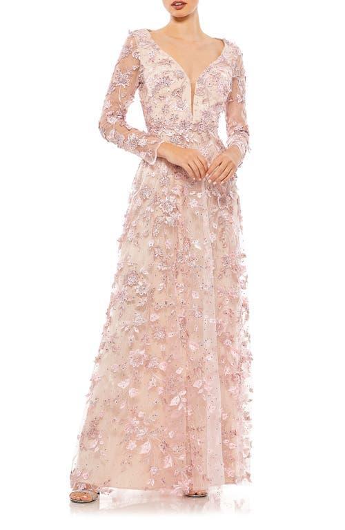 Mac Duggal Womens Floral Applique Long Sleeve Illusion Gown Product Image