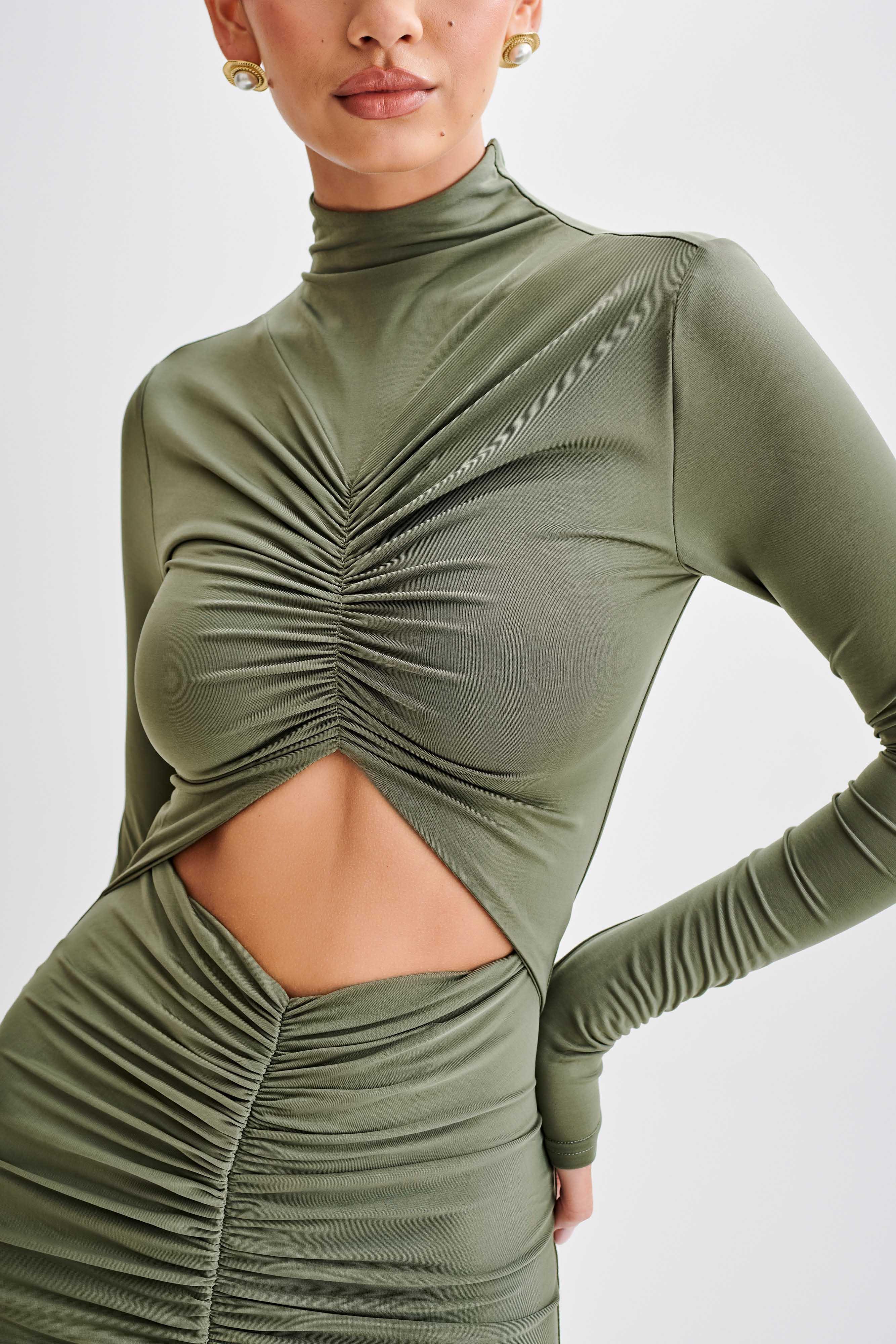 Pia Slinky Long Sleeve Cutout Maxi Dress - Military Olive Product Image