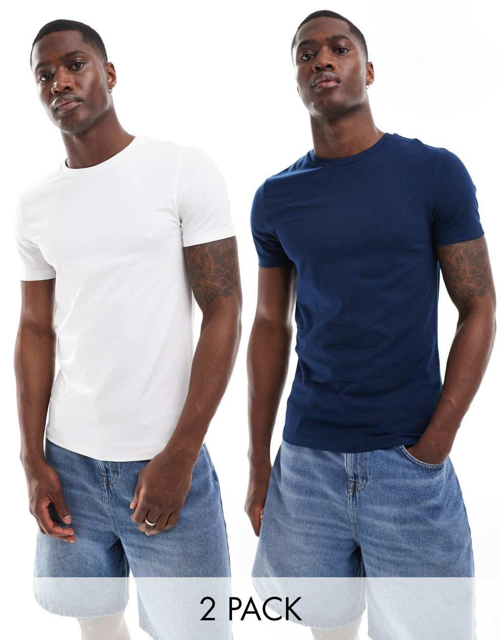 ASOS DESIGN 2 pack muscle fit T-shirts in white and navy Product Image