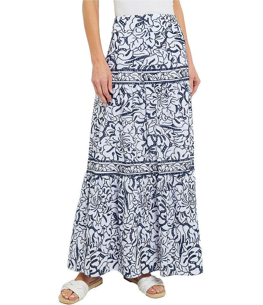 MISOOK Knit Floral Embroidered Tiered Contrast Trim A-Line Maxi Skirt Product Image