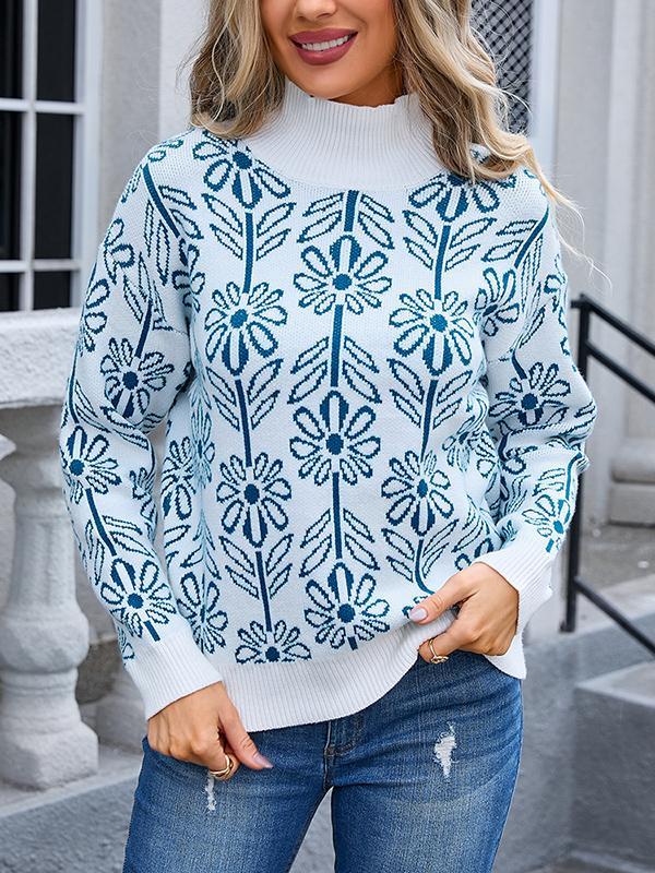 Long Sleeves Loose Contrast Color Jacquard Knitted Flower Split-Joint Mock Neck Pullovers Sweater Tops Product Image