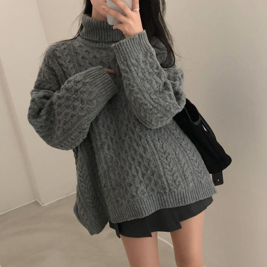 Turtleneck Plain Cable Knitted Oversized Sweater Product Image