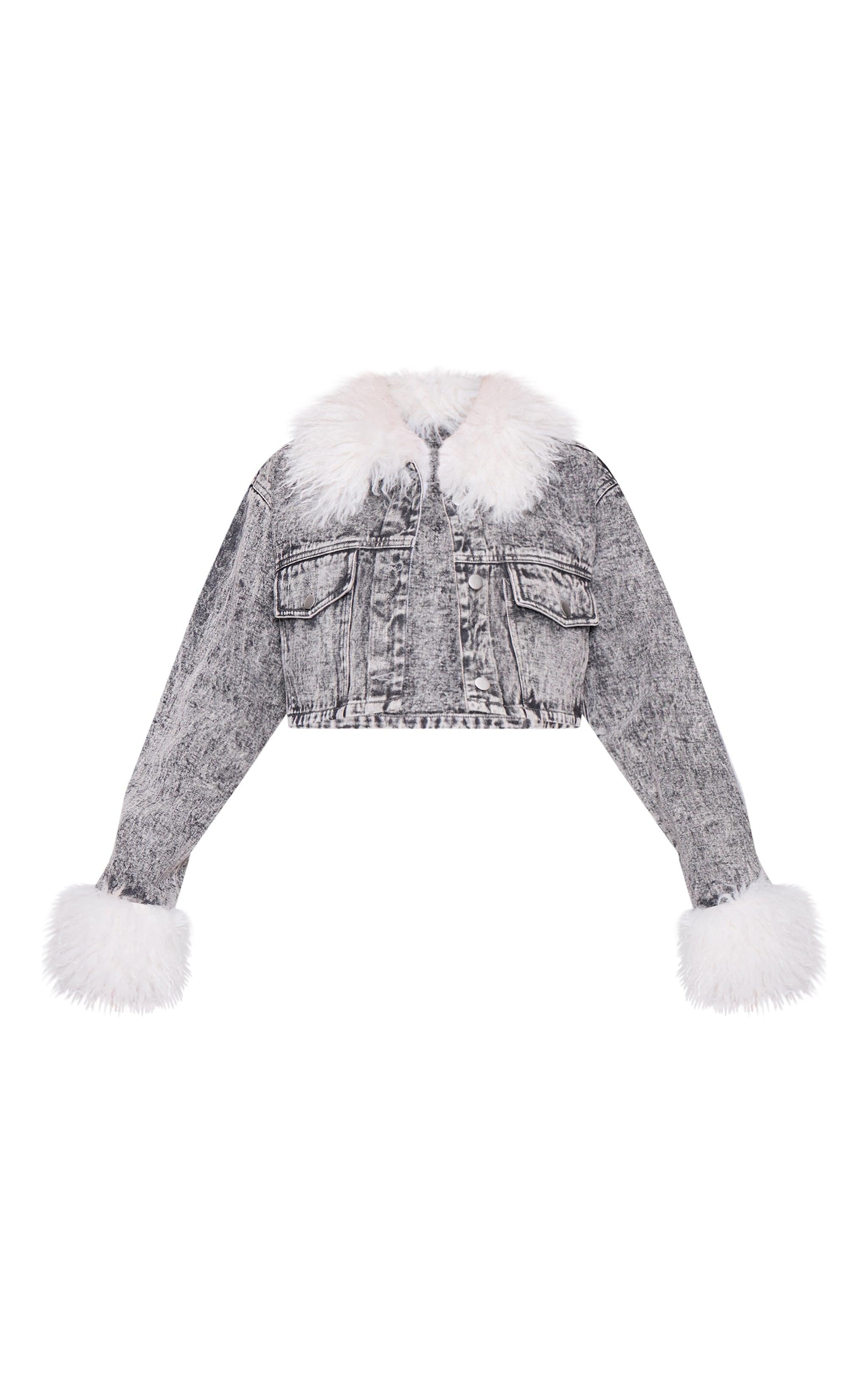 Petite Washed Black Denim Cropped Jacket With Fur Trims Product Image