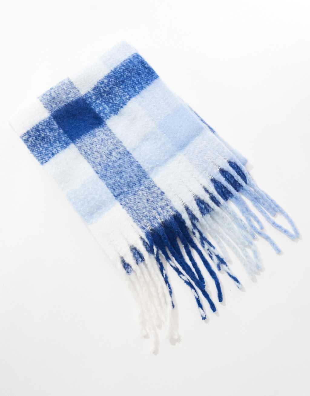 Pieces super soft tassel scarf in calming blue check Product Image