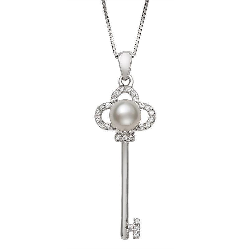 Sterling Silver Freshwater Cultured Pearl & Cubic Zirconia Key Pendant, Womens Product Image