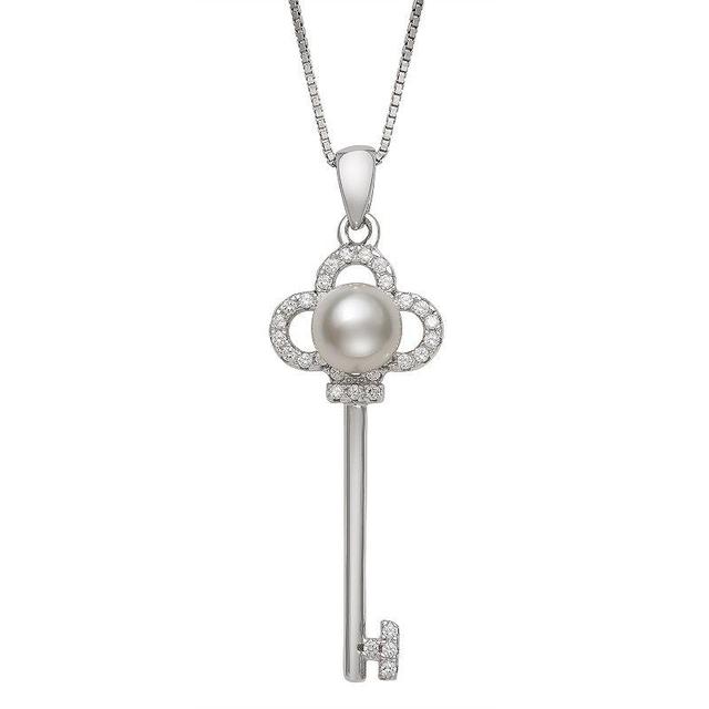 Sterling Silver Freshwater Cultured Pearl & Cubic Zirconia Key Pendant, Womens White Product Image