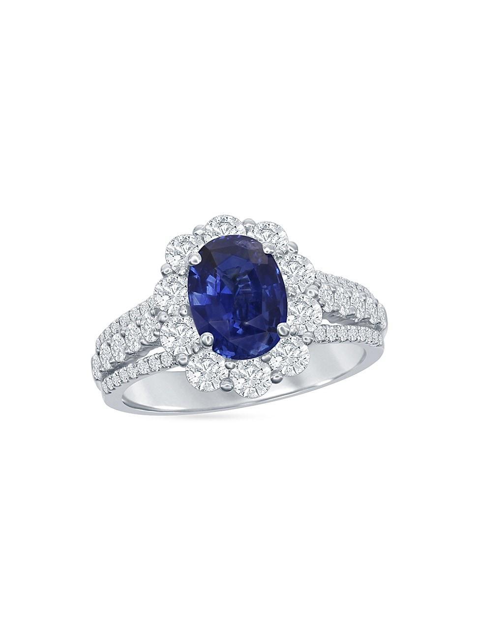 Womens 18K White Gold, Blue Sapphire & 0.87 TCW Diamond Ring Product Image