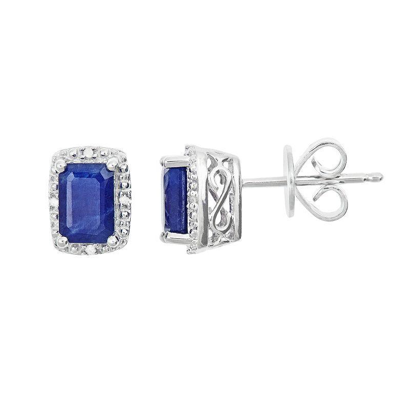 Belk & Co Sterling Silver 6X4Mm Emerald Cut Sapphire Diamond Accent Halo Stud Earrings Product Image