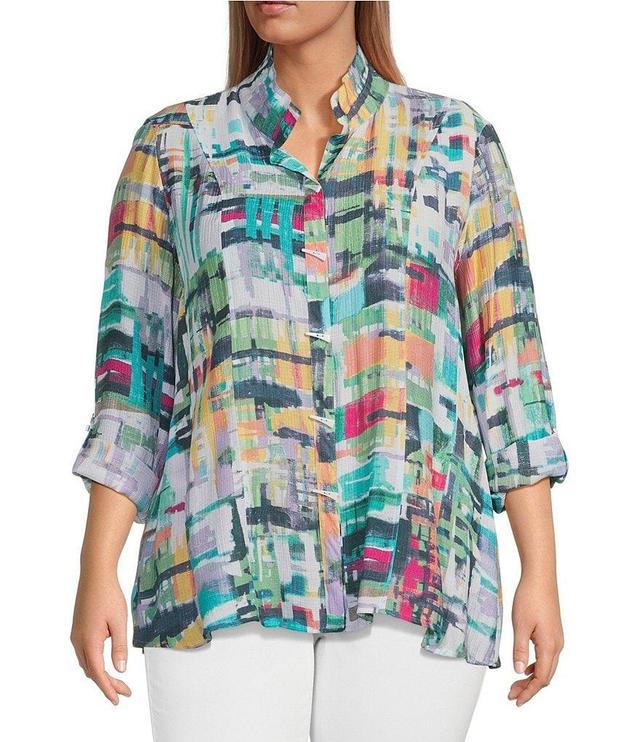 Ali Miles Plus Size Woven Abstract Print Wire Collar 3/4 Roll-Tab Sleeve Button-Front Tunic Product Image