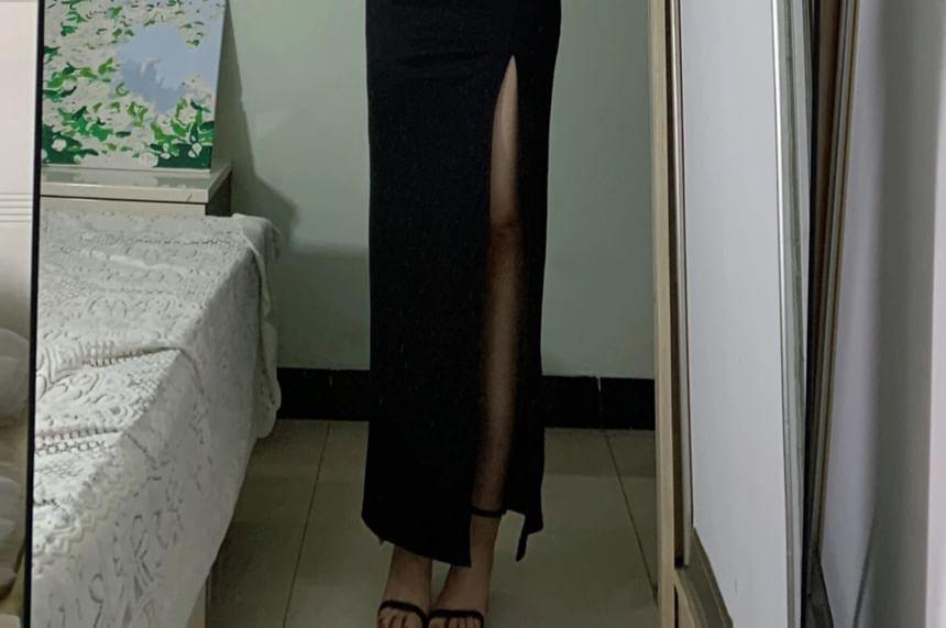 Spaghetti Strap Plain Side-Slit Maxi Sheath Dress Product Image